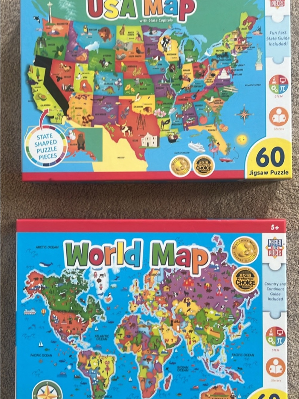 Learning Maps Puzzle Set - Blue World & USA Map Jigsaw Puzzles